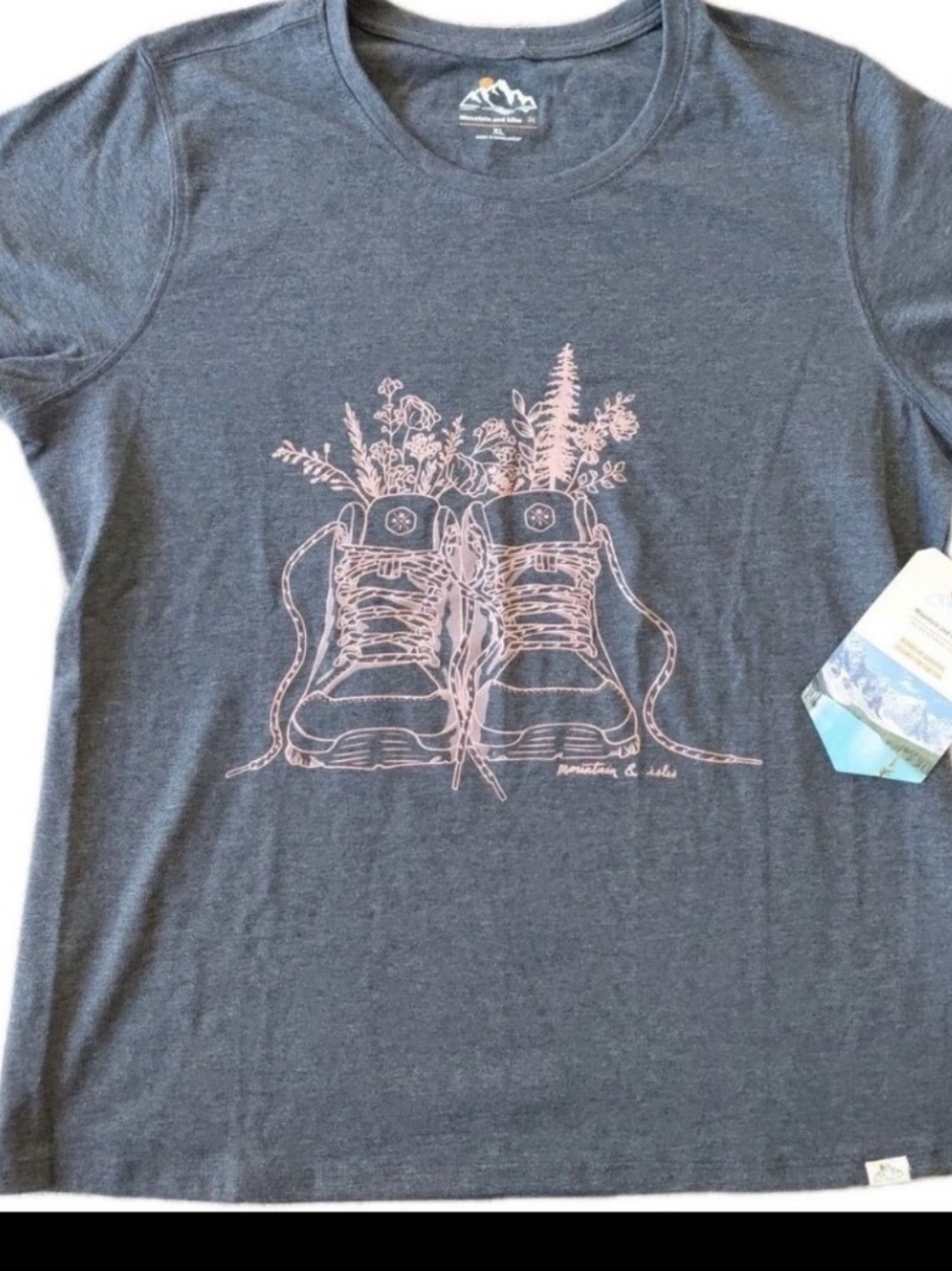 Mountain and Isles Women Graphic Tee - Charcoal with Pink hiking boots Prints
